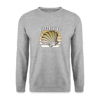 PILGERSHIRT MUSCHEL SANTIAGO DE COMPOSTELA - Unisex Pullover - Weißgrau meliert - Vorne - Alina (178cm) & Michal (187cm)