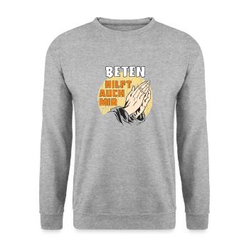 BETEN HILFT AUCH MIR - Unisex Pullover - Weißgrau meliert - Vorne - Alina (178cm) & Michal (187cm)