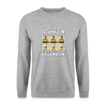 TISCHFUSSBALL MIT DEN STANGEN IN DEN HÄNDEN - Unisex Pullover - Weißgrau meliert - Vorne - Alina (178cm) & Michal (187cm)