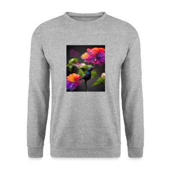Schöne Kreatur - ein schönes Muster von Kolibris und Blumen - Unisex Pullover - Weißgrau meliert - Vorne - Alina (178cm) & Michal (187cm)