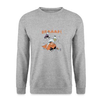 Eisbär reitet Schneemobil Braap Design - Unisex Pullover - Weißgrau meliert - Vorne - Alina (178cm) & Michal (187cm)
