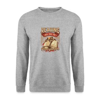 Lesen Bringt Dich Überall Hin, Buch Lesen - Unisex Pullover - Weißgrau meliert - Vorne - Alina (178cm) & Michal (187cm)