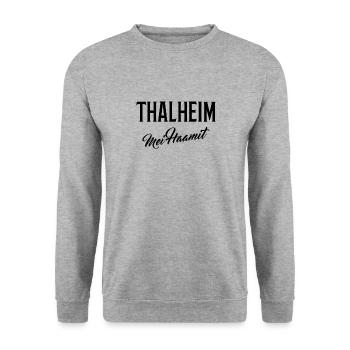 Thalheim mei Haamit - Unisex Pullover - Weißgrau meliert - Vorne - Alina (178cm) & Michal (187cm)