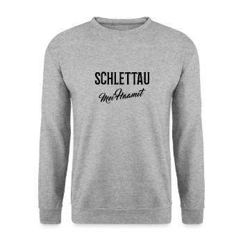 Schlettau mei Haamit - Unisex Pullover - Weißgrau meliert - Vorne - Alina (178cm) & Michal (187cm)