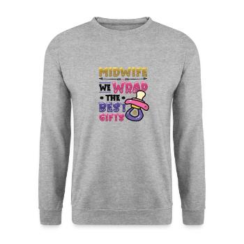 Hebamme Wir Verpacken Die Besten Geschenke - Unisex Pullover - Weißgrau meliert - Vorne - Alina (178cm) & Michal (187cm)