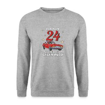AUTO GEBURTSTAG BIN NUN 24 - Unisex Pullover - Weißgrau meliert - Vorne - Alina (178cm) & Michal (187cm)