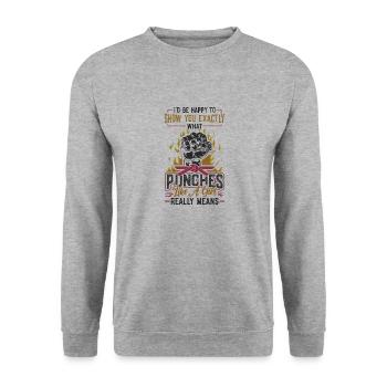 Show what "punches like a girl" means: - Unisex Sweatshirt - salt & pepper - Front - Alina (178cm) & Michal (187cm)