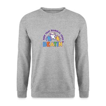 Regenbogentier singend spielend Einhorn Liebhaber - Unisex Pullover - Weißgrau meliert - Vorne - Alina (178cm) & Michal (187cm)
