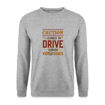 Caution, I learned to drive through games - Unisex Sweatshirt - salt & pepper - Front - Alina (178cm) & Michal (187cm)