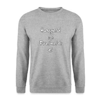 Bargeld ist Freiheit € - weiß mit schwarzem Rand - Unisex Pullover - Weißgrau meliert - Vorne - Alina (178cm) & Michal (187cm)