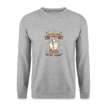 Jesus is my Savior, cats are my therapy - Unisex Sweatshirt - salt & pepper - Front - Alina (178cm) & Michal (187cm)