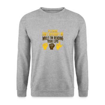 Lippenlesen ASL Handgesten Gehörlose - Unisex Pullover - Weißgrau meliert - Vorne - Alina (178cm) & Michal (187cm)