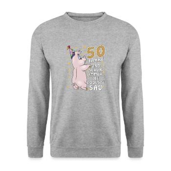 50 JAHRE DIE COOLSTE SAU GEBURTSTAG - Unisex Pullover - Weißgrau meliert - Vorne - Alina (178cm) & Michal (187cm)