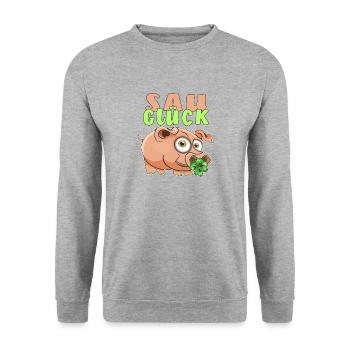 SCHWEIN SAU GLÜCK - Unisex Pullover - Weißgrau meliert - Vorne - Alina (178cm) & Michal (187cm)