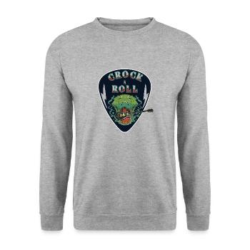 Crock & Roll Teufelsgruß Krokodil frisst Gitarre - Unisex Pullover - Weißgrau meliert - Vorne - Alina (178cm) & Michal (187cm)
