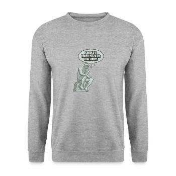 Denker Statue Pizza Design für einen - Unisex Pullover - Weißgrau meliert - Vorne - Alina (178cm) & Michal (187cm)