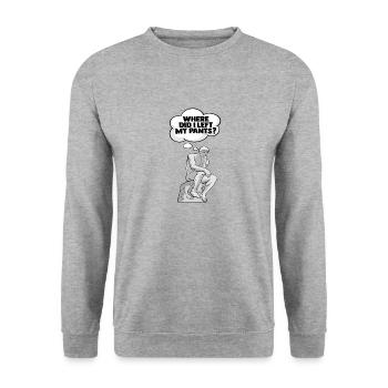 Denker Statue Hose Design für einen - Unisex Pullover - Weißgrau meliert - Vorne - Alina (178cm) & Michal (187cm)