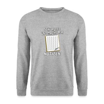 NOTIZBLOCK SEHE ALLES MACHE MIR NOTIZEN - Unisex Pullover - Weißgrau meliert - Vorne - Alina (178cm) & Michal (187cm)