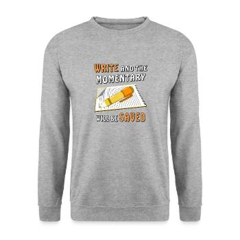 NOTIZBLOCK SCHREIBE MOMENT GESPEICHERT - Unisex Pullover - Weißgrau meliert - Vorne - Alina (178cm) & Michal (187cm)