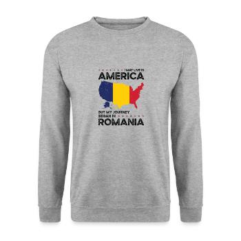 Born Romanian Romania American USA Citizenship - Unisex Sweatshirt - salt & pepper - Front - Alina (178cm) & Michal (187cm)