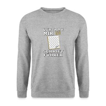 NOTIZBLOCK VERTRAU MIR SCHRIFTFÜHRER - Unisex Pullover - Weißgrau meliert - Vorne - Alina (178cm) & Michal (187cm)