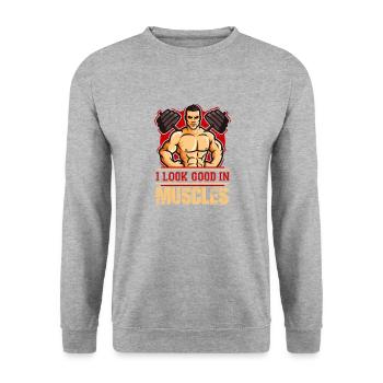 Ich schau gut aus mit Muskeln - Unisex Pullover - Weißgrau meliert - Vorne - Alina (178cm) & Michal (187cm)