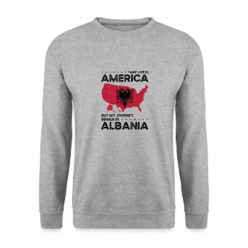 Geboren Albanisch Albanien Amerikanisch USA - Unisex Pullover - Weißgrau meliert - Vorne - Alina (178cm) & Michal (187cm)