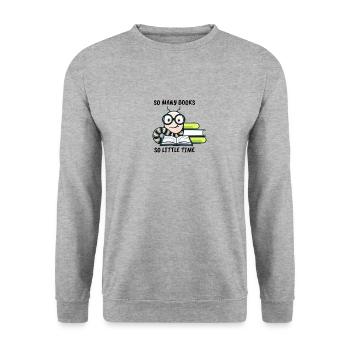 Bücherwurm Regenwurm mit dem Spruch: So viele - Unisex Pullover - Weißgrau meliert - Vorne - Alina (178cm) & Michal (187cm)