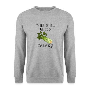 Mädchen isst Sellerie mit ironischem Zitat: Gemüse - Unisex Pullover - Weißgrau meliert - Vorne - Alina (178cm) & Michal (187cm)