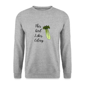 Mädchen mag Sellerie: Ironisches Sprichwort: - Unisex Pullover - Weißgrau meliert - Vorne - Alina (178cm) & Michal (187cm)