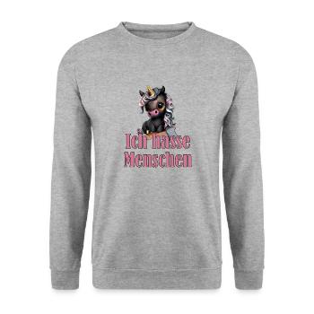 Kleines süßes Schwarzes Einhorn mit Spruch - Unisex Pullover - Weißgrau meliert - Vorne - Alina (178cm) & Michal (187cm)