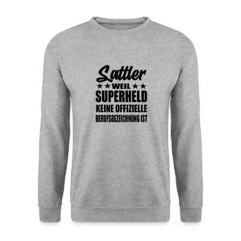 Sattler Superheld Spruch - Unisex Pullover - Weißgrau meliert - Vorne - Alina (178cm) & Michal (187cm)