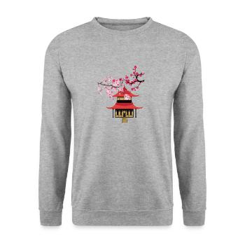 Japanische Kirschblüte - Unisex Pullover - Weißgrau meliert - Vorne - Alina (178cm) & Michal (187cm)