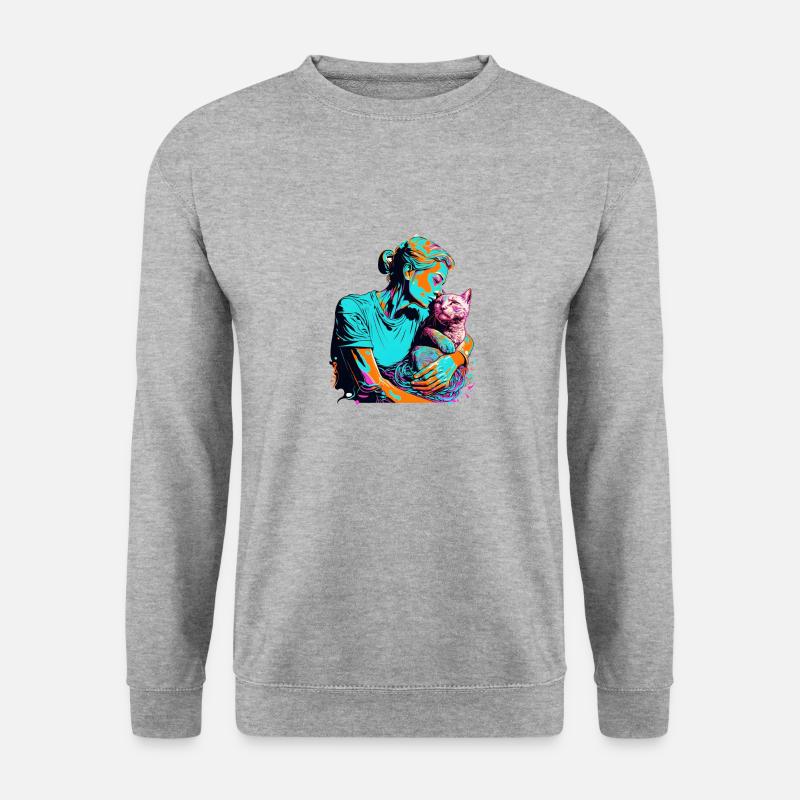 women and cat - Unisex Pullover - Weißgrau meliert