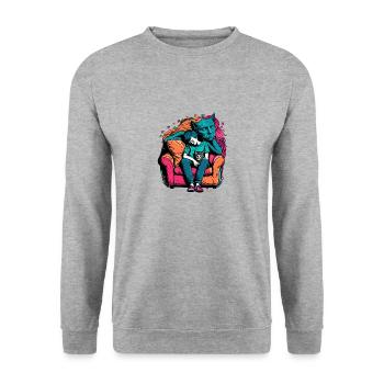 cat and a human engage in a playful and adorable - Unisex Pullover - Weißgrau meliert - Vorne - Alina (178cm) & Michal (187cm)