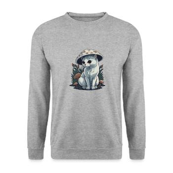 Trippy Pilzkatze - Unisex Pullover - Weißgrau meliert - Vorne - Alina (178cm) & Michal (187cm)