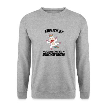 27 Geburtstag Positive Sprüche Zum 27 geburtstag - Unisex Pullover - Weißgrau meliert - Vorne - Alina (178cm) & Michal (187cm)