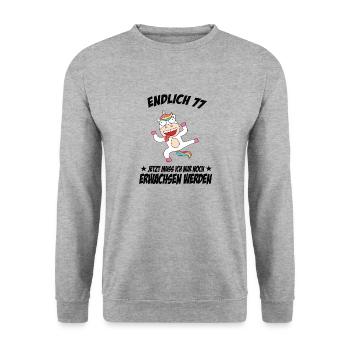 77 Geburtstag Positive Sprüche Zum 77 geburtstag - Unisex Pullover - Weißgrau meliert - Vorne - Alina (178cm) & Michal (187cm)