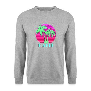 Haiti Retro Palme-Sonnenuntergang - Unisex Pullover - Weißgrau meliert - Vorne - Alina (178cm) & Michal (187cm)
