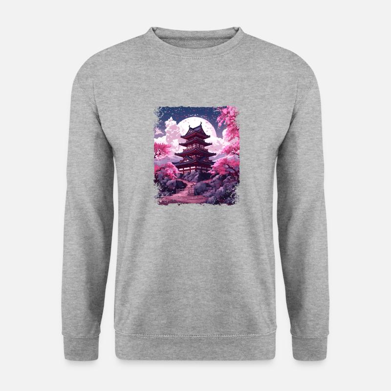 Kirschblüten-Sakura-Baum in einer Tempel-Dampfwelle - Unisex Pullover - Weißgrau meliert