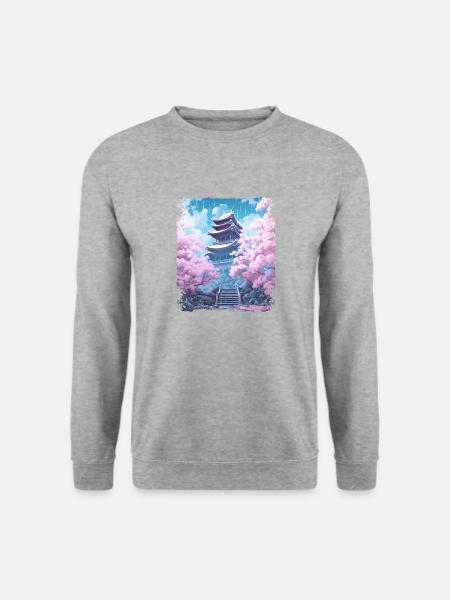 Sakura-Baum in einem Tempel Kirschblüten-Vaporwave - Unisex Pullover - Weißgrau meliert