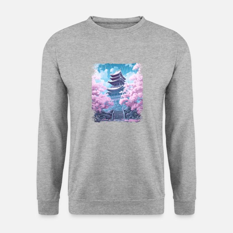 Sakura-Baum in einem Tempel Kirschblüten-Vaporwave - Unisex Pullover - Weißgrau meliert
