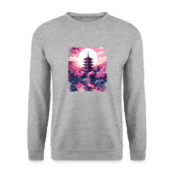 Arbre Sakura en fleurs de cerisier dans un temple Vaporwave - Sweat-shirt Unisexe - gris chiné - Devant - Alina (178cm) & Michal (187cm)