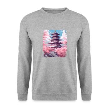 Sakura en fleurs de cerisier dans un temple Vaporwave - Sweat-shirt Unisexe - gris chiné - Devant - Alina (178cm) & Michal (187cm)