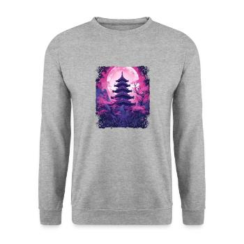 Arbre Sakura Vaporwave en fleurs de cerisier dans un temple - Sweat-shirt Unisexe - gris chiné - Devant - Alina (178cm) & Michal (187cm)