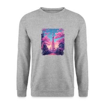 Vaporwave Esthétique Skytree Tokyo Vue japonaise - Sweat-shirt Unisexe - gris chiné - Devant - Alina (178cm) & Michal (187cm)