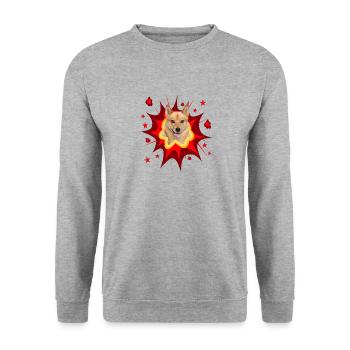 Comic Hund Design - Pow - Finnischer Spitz - Unisex Pullover - Weißgrau meliert - Vorne - Alina (178cm) & Michal (187cm)