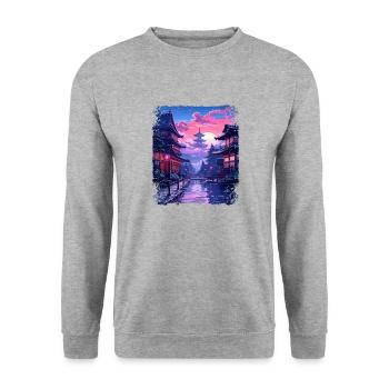 Takayama Village Vaporwave Japan Japanische Alpen - Unisex Pullover - Weißgrau meliert - Vorne - Alina (178cm) & Michal (187cm)