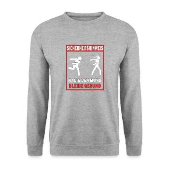 SICHERHEITSHINWEIS HALTE DEN MUND BLEIBE GESUN - Unisex Pullover - Weißgrau meliert - Vorne - Alina (178cm) & Michal (187cm)