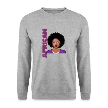 Frau mit Afro und Schriftzug African - Unisex Pullover - Weißgrau meliert - Vorne - Alina (178cm) & Michal (187cm)